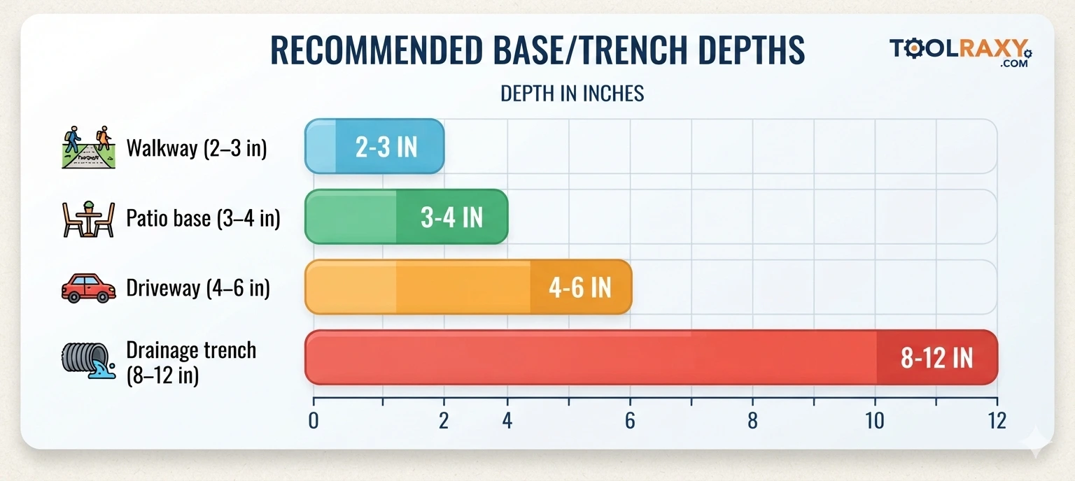 Range chart showing recommended crushed stone depths for walkways, patios, driveways, and drainage