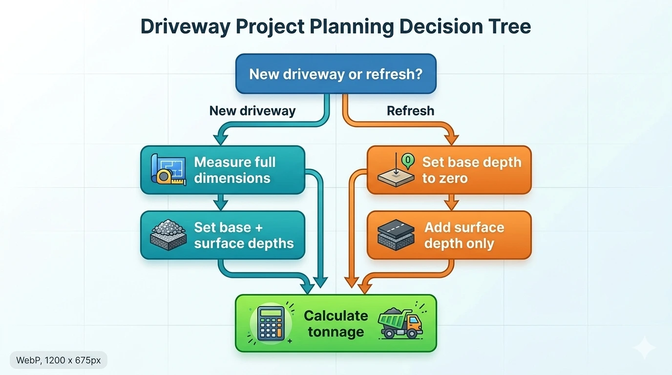 Flow diagram showing how to use the calculator differently for a new driveway versus a gravel refresh.