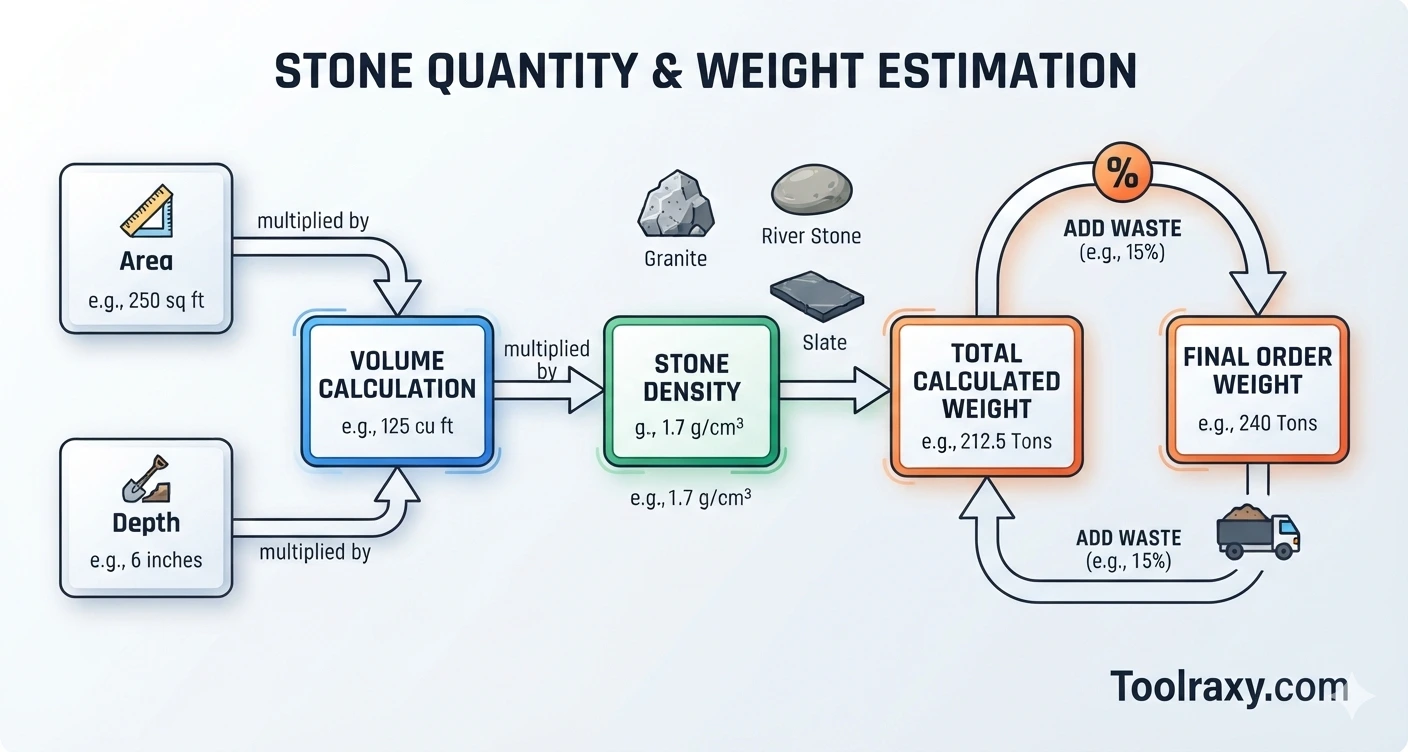Diagram showing how area, depth, density, and waste factor combine to produce crushed stone weight
