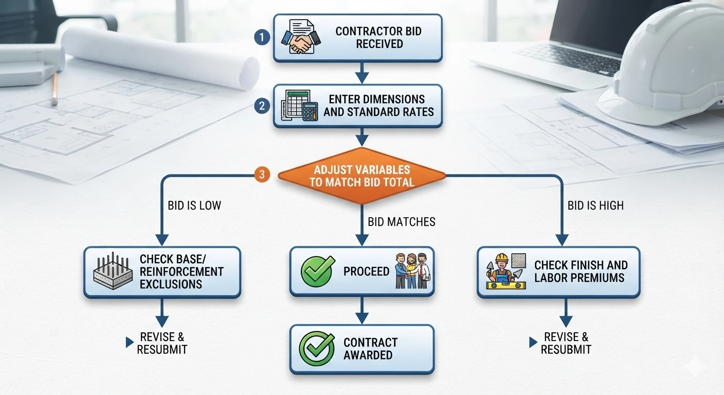 Flow diagram showing how to reverse-engineer contractor bids using the calculator