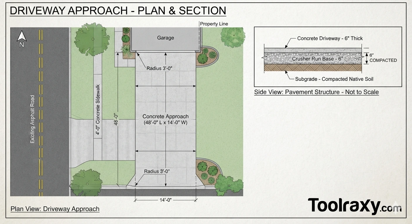 Annotated sketch of a 48-foot by 14-foot driveway approach showing a 6-inch compacted crusher run base.
