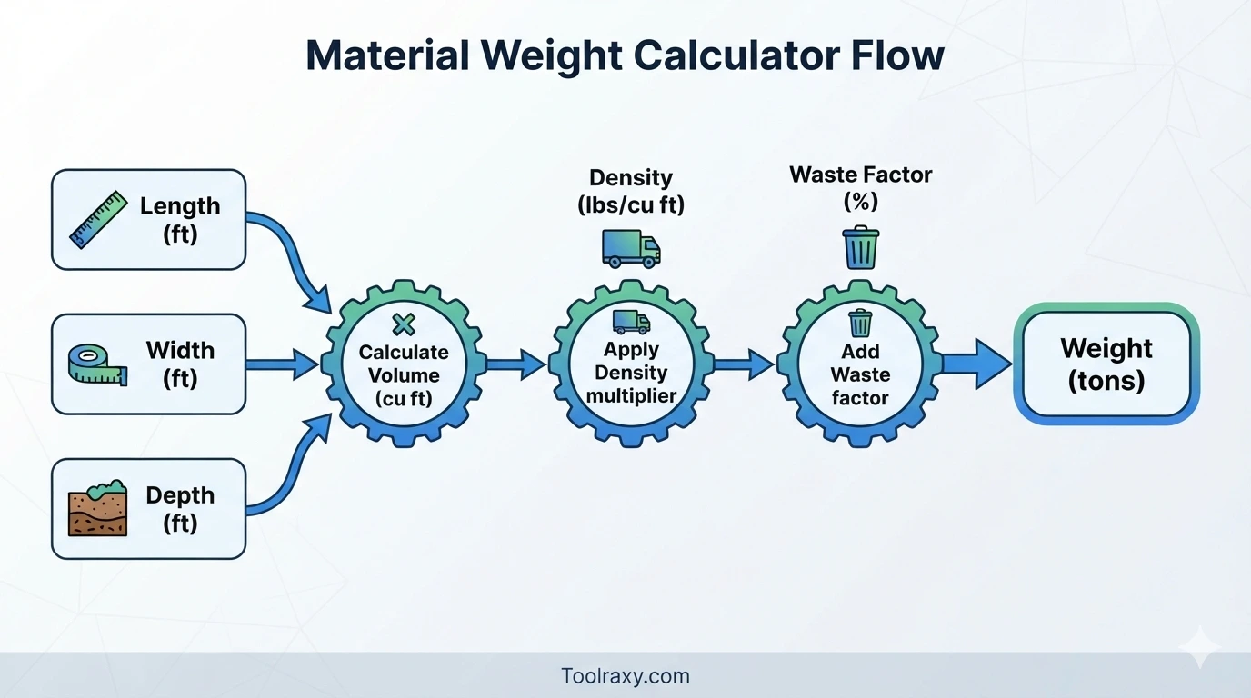 Labeled diagram showing how length, width, depth, density, and waste factor combine to estimate gravel weight.